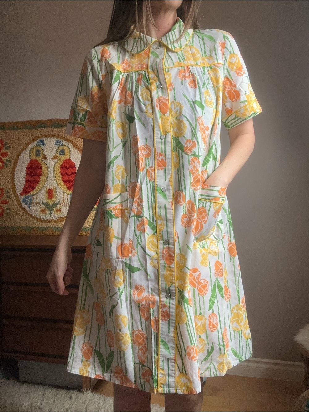 Vintage 1960’s Floral Citrus Floral Button-Front A-Line House Dress